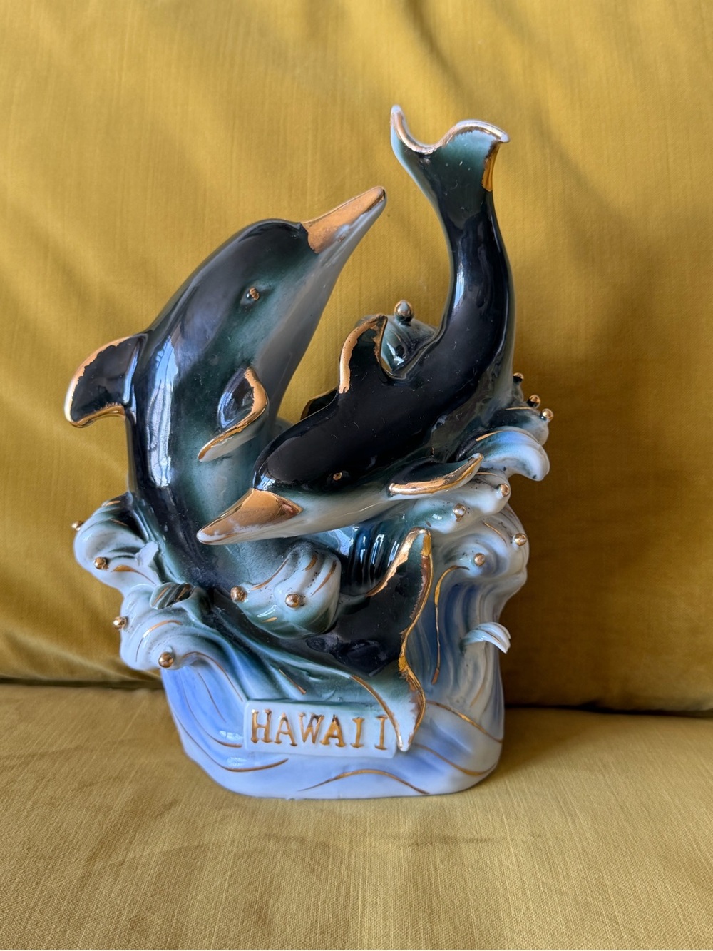 VINTAGE Blue and Gold Hawaii Dolphin Ceramic Sculpture